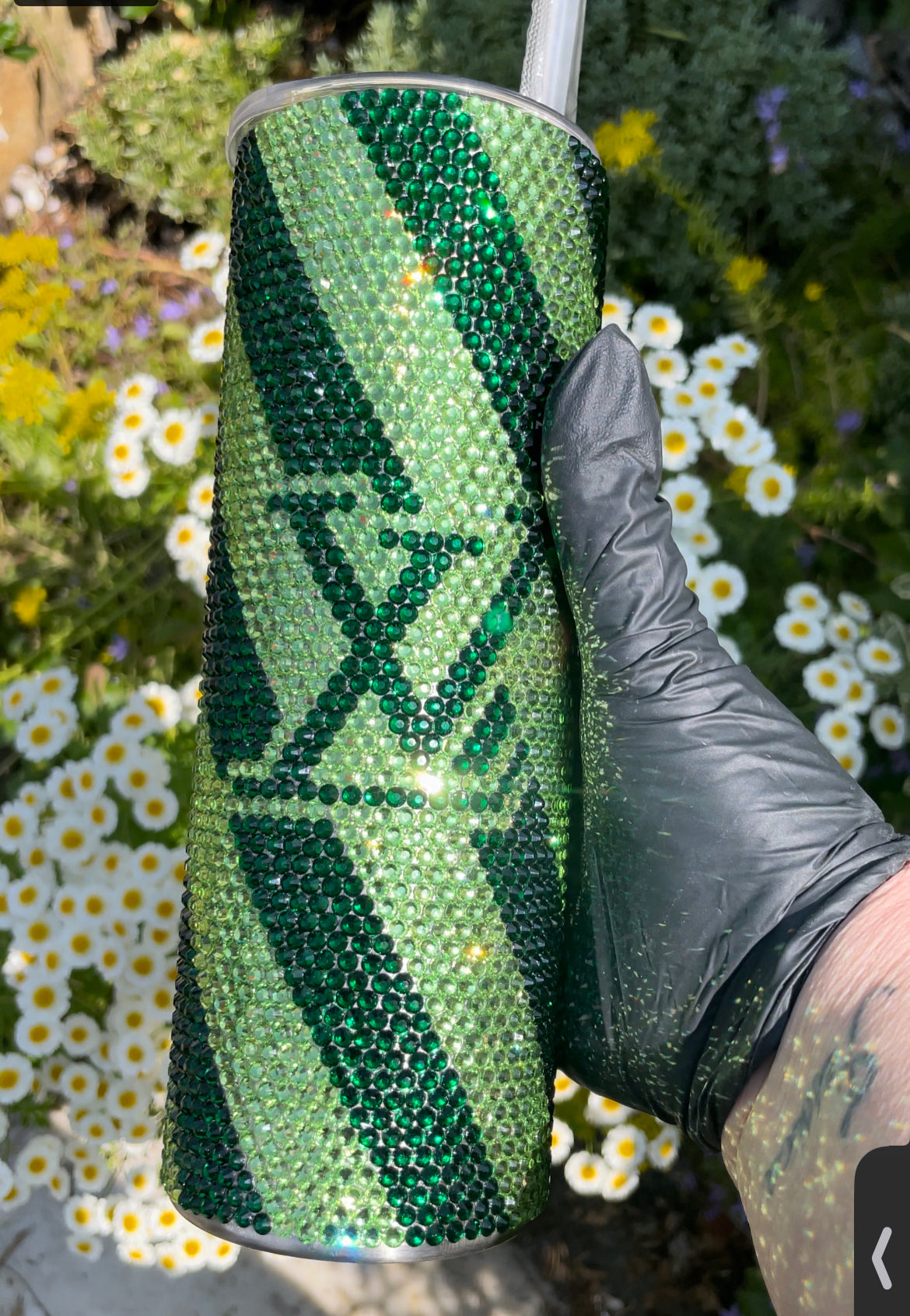 Rhinestone tumbler green on green Glass Rhinestones