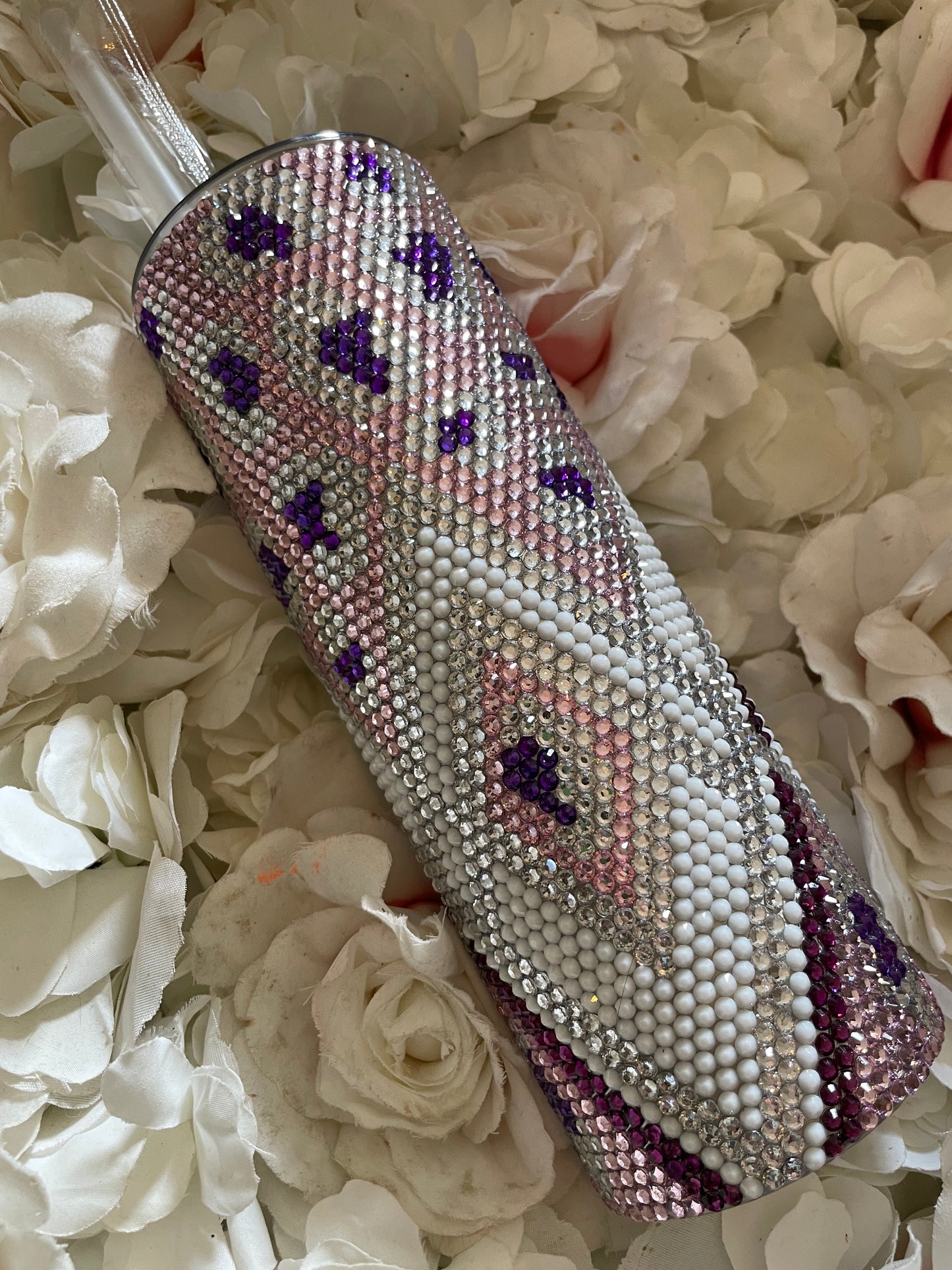 Rhinestone tumbler Aztec leopard print pink purple