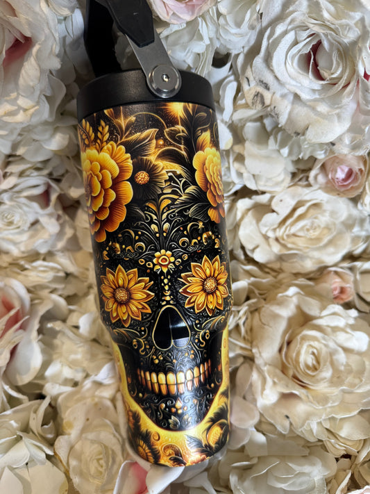 30oz handbag style sports lid yellow and black fully textured scull tumbler (whoopsi )