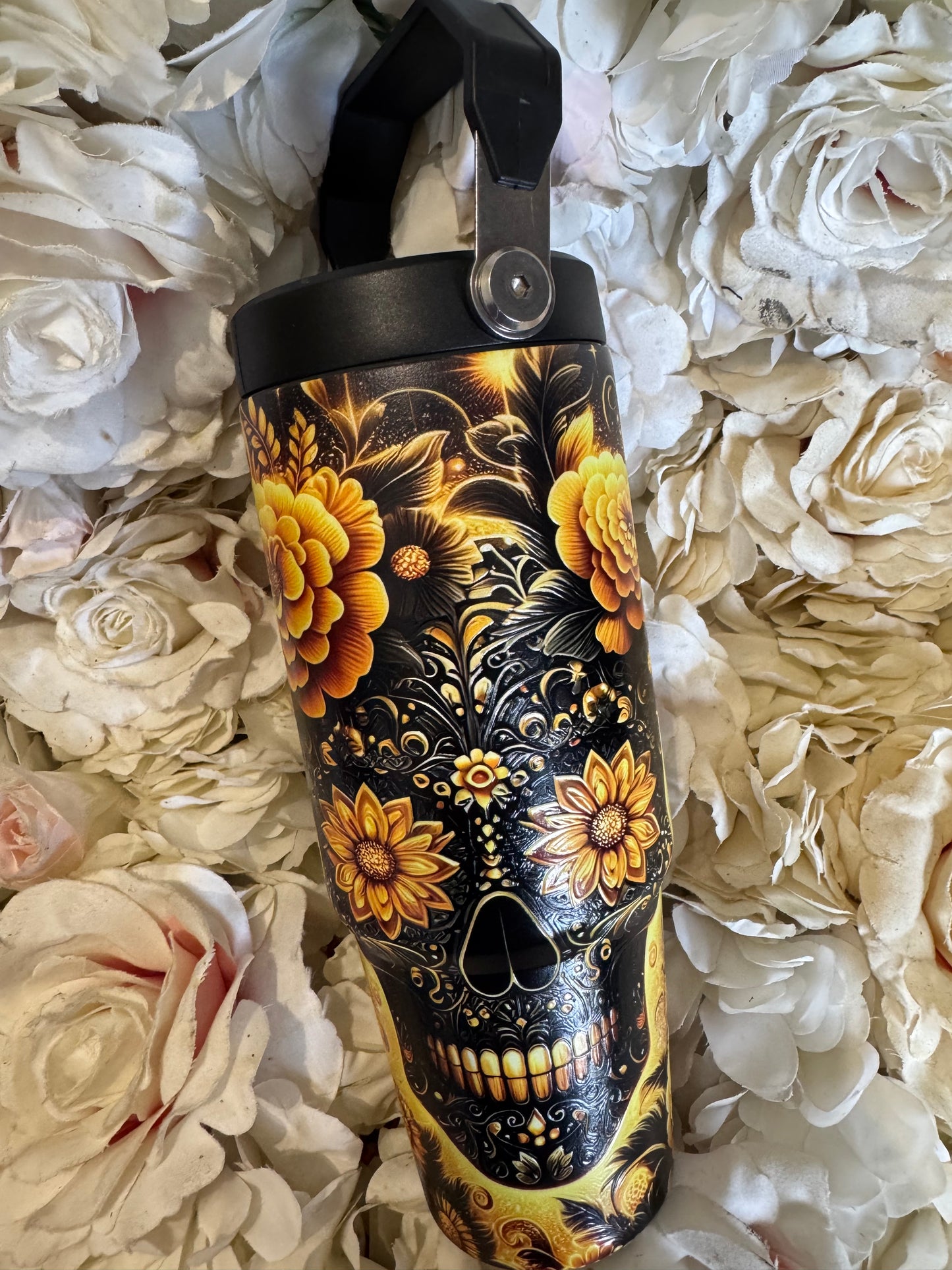30oz handbag style sports lid yellow and black fully textured scull tumbler (whoopsi )