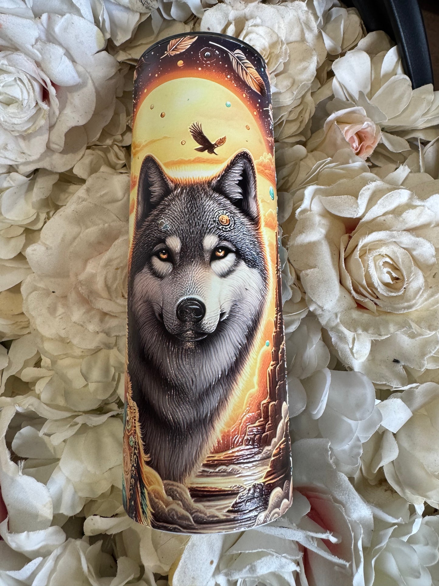20oz tall skinny Native American and wolf (fully textured) whoopsie